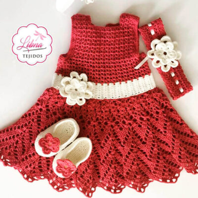 Libna-Tejidos-Conjunto-Tejido-para-Nina-con-Vestido-Diadema-y-Sandalias-crochet-dos-agujas